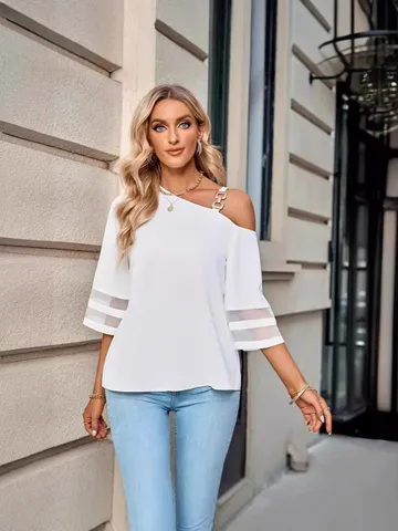 Blusa Top Casual Commuter Color Sólido Hebilla de Metal Un Hombro Manga Acampanada para Mujer