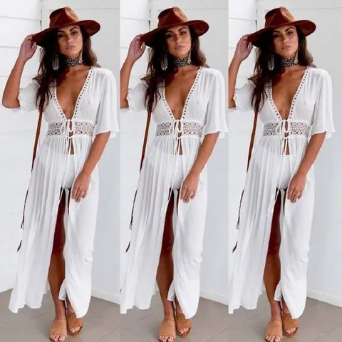 Women's Casual Chiffon Lace Trim Beach Swimsuit Cover Up Long Cardigan Solid Color Loose Summer Vacation Beachwear