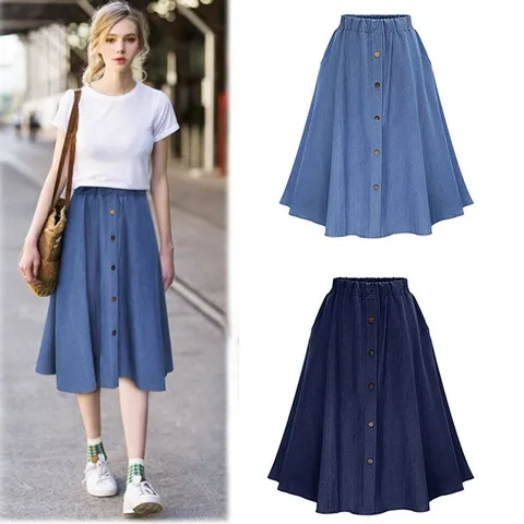 Falda Midi de Mezclilla de Mezcla de Algodón Casual para Mujer Cintura Alta Elástica Línea A