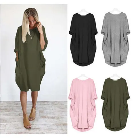 Vestido Midi Holgado de Manga Larga Color Sólido Casual para Mujer Vestido Maxi Spliced Commuter con Bolsillos