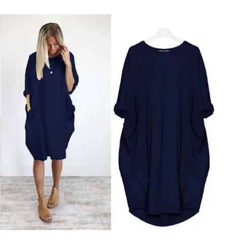 Vestido Midi Holgado de Manga Larga Color Sólido Casual para Mujer Vestido Maxi Spliced Commuter con Bolsillos