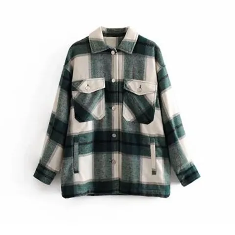 Chaqueta de Camisa de Tweed a Cuadros Suelta Casual para Mujer Cuello Vuelto Manga Larga Monopetto
