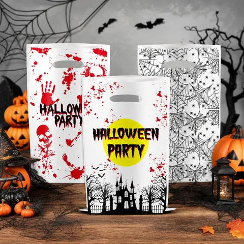 Spooky Halloween Party Plastic Gift Bags Blood Handprint Haunted House Spider Web Pattern Candy Bags For Kids Party Decoration