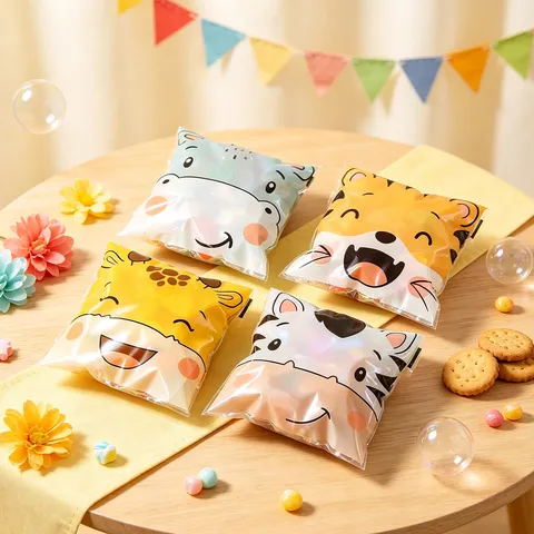 Sacs Autoscellants en Plastique Animaux de Dessin Animé Mignons Sacs de Rangement Épais Transparents pour Biscuits Bonbons Collations pour Fête d'Anniversaire