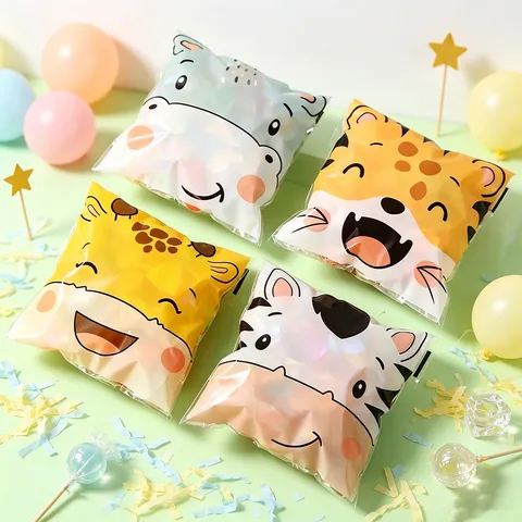Sacs Autoscellants en Plastique Animaux de Dessin Animé Mignons Sacs de Rangement Épais Transparents pour Biscuits Bonbons Collations pour Fête d'Anniversaire