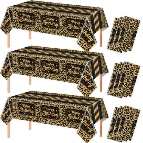 Leopard Print Happy Birthday Tablecloth Disposable Waterproof Oilproof PE Table Cover For Birthday Party Celebration Decoration