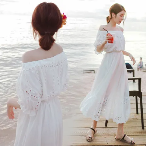Vestido Maxi Largo Bohemio Hombros Descubiertos para Mujer Verano Blanco Vacaciones en la Playa Vestido de Algodón Bordado Calado