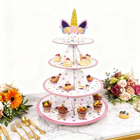 Unicorn Themed 3-Tier Paper Cake Stand For Kids Birthday Party Dessert Table Decoration Cupcake Pastry Holder Display Tray