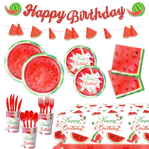 Wassermelone Thema Geburtstag Party Geschirr Set Pappteller Becher Servietten Banner Tischdecke Sommer Fest Party Layout Deko Requisiten
