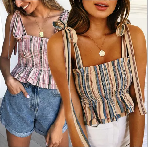 Women's Sexy Striped Camisole Top Summer Casual V Neck Spaghetti Strap Crop Tank Top Fashion Streetwear Female Clothing