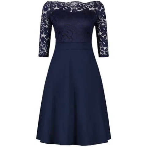 Vestido Midi Acampanado con Hombros Fuera de Manga Media Encaje Empalme Mujer Elegante Color Sólido Ajustado Fiesta