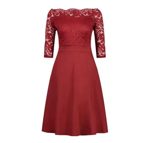 Vestido Midi Acampanado con Hombros Fuera de Manga Media Encaje Empalme Mujer Elegante Color Sólido Ajustado Fiesta