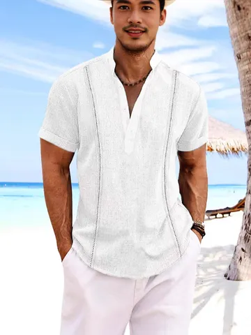 Camisa Henley de Algodón Casual de Manga Corta para Hombre Estilo Guayabera Cubana con Bordado Inglés Color Sólido