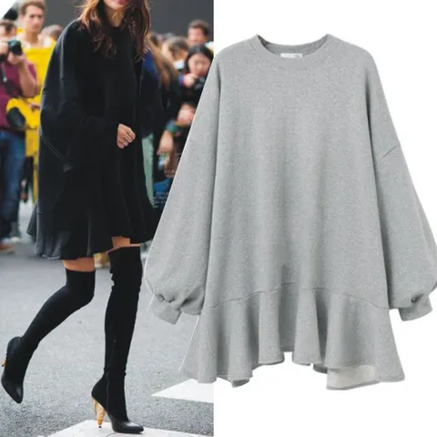 Vestido Sudadera Grande para Mujer Otoño Invierno Color Sólido Manga Larga Dobladillo con Volantes Mangas Abullonadas Cuello Redondo