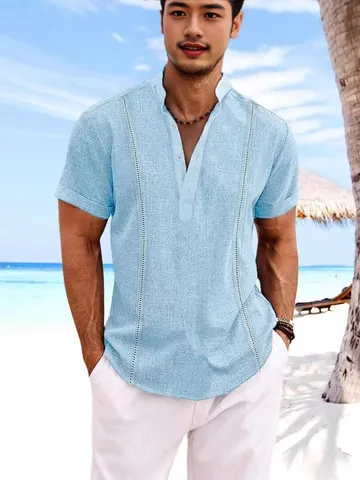 Camisa Henley de Algodón Casual de Manga Corta para Hombre Estilo Guayabera Cubana con Bordado Inglés Color Sólido