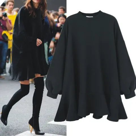 Vestido Sudadera Grande para Mujer Otoño Invierno Color Sólido Manga Larga Dobladillo con Volantes Mangas Abullonadas Cuello Redondo
