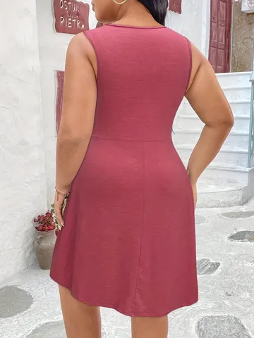 Vestido Maxi de Mujer Sin Mangas Cuello en V Nudo Retorcido Cintura Fruncida Mezcla Algodón Poliéster Color Sólido Elegante Informal Talla Grande