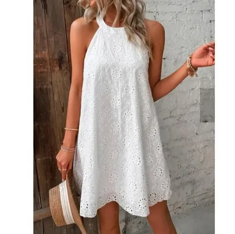 Vestido de Verano de Mezcla de Algodón para Mujer Cuello Halter Sin Mangas con Encaje Color Sólido Mini Vestido Línea A