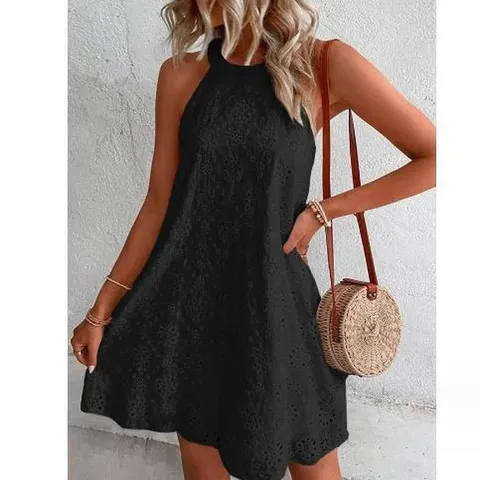 Vestido de Verano de Mezcla de Algodón para Mujer Cuello Halter Sin Mangas con Encaje Color Sólido Mini Vestido Línea A