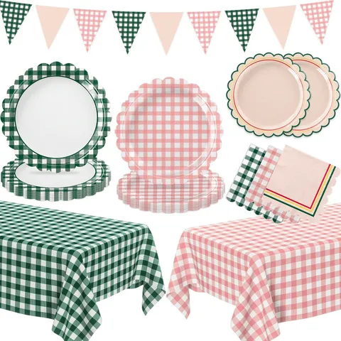 Gingham Party Supplies Set Pink Green Plaid Scalloped Edge Paper Plates Napkins PEVA Tablecloth Banners For Birthday Picnic Event