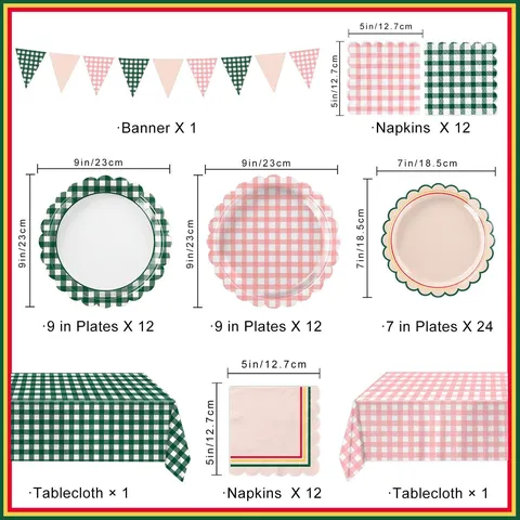 Gingham Party Supplies Set Pink Green Plaid Scalloped Edge Paper Plates Napkins PEVA Tablecloth Banners For Birthday Picnic Event