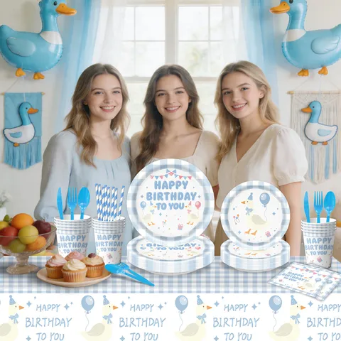 Blau Gans Thema Geburtstag Party Geschirr Set Kariert Pappteller Becher Servietten Tischdecke Einweg Geburtstag Dekoration Party Zubehör Für Kinder