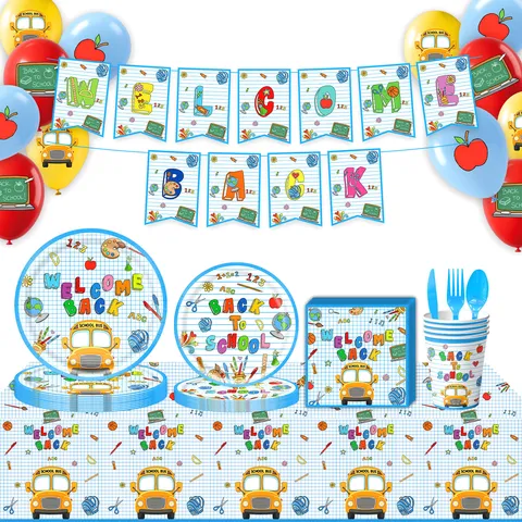 Schulanfang Motto Party Zubehör Willkommens Banner Pappteller Servietten Becher Tischdecke Ballon Kuchen Deko Set Für Klassen Dekoration