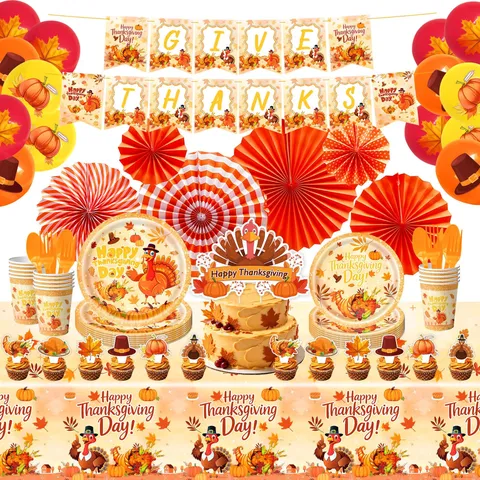 Thanksgiving Party Dekoration Set Pappteller Tassen Servietten Banner Tischdecke Truthahn Kürbis Muster Ernte Party Zubehör Atmosphäre Layout