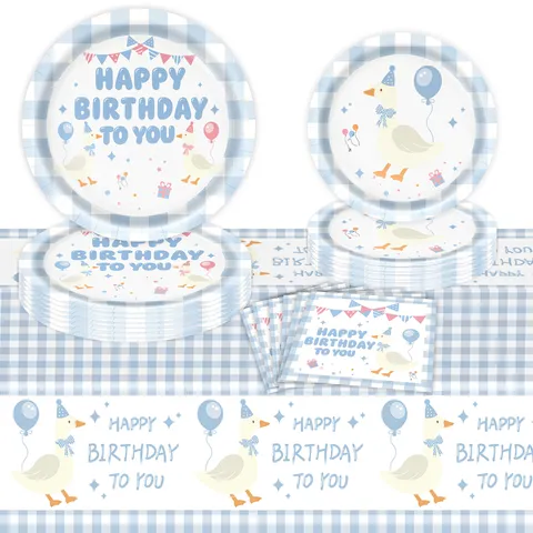 Blau Gans Thema Geburtstag Party Geschirr Set Kariert Pappteller Becher Servietten Tischdecke Einweg Geburtstag Dekoration Party Zubehör Für Kinder