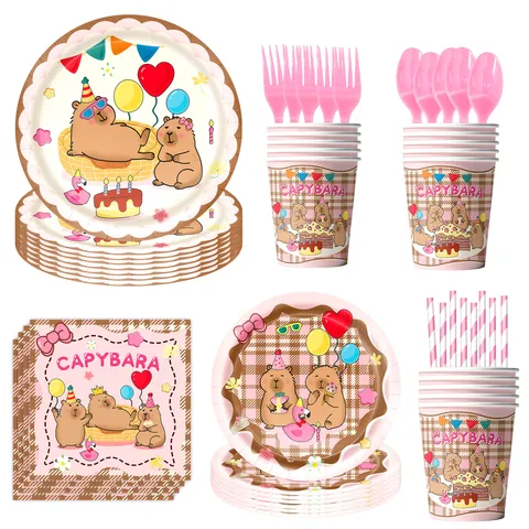 Capybara Theme Birthday Party Supplies Pink Plaid Party Decorations Tableware Collection Banner Plates Cups Napkins For Kids Birthday