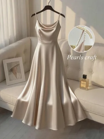 Elegant Satin Cowl Neck Spaghetti Strap Dress With Artificial Pearl Handmade Beading Sleeveless Evening Party Gown Long Dress
