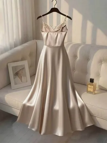 Elegant Satin Cowl Neck Spaghetti Strap Dress With Artificial Pearl Handmade Beading Sleeveless Evening Party Gown Long Dress