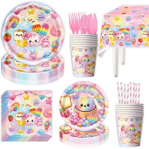 Cartoon Dampfbrötchen Thema Geburtstag Party Dekorationen Geschirr Set Bedruckt Makronen Bunte Pappteller Becher Servietten Banner Tischdecke Für Kinder Geburtstag