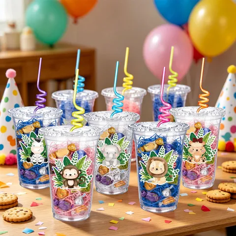 Cute Cartoon Animal Theme Plastic Gift Cups With Colorful Straws For Children Birthday Party Supplies Disposable Drinkware