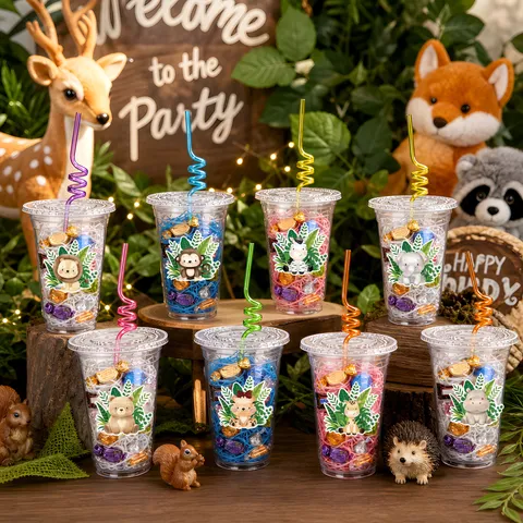 Cute Cartoon Animal Theme Plastic Gift Cups With Colorful Straws For Children Birthday Party Supplies Disposable Drinkware