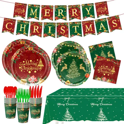 Weihnachtsparty Dekorationszubehör Pappteller Servietten Becher Tischdecke Banner Ballons Für Feiertage Abendessen Event Deko