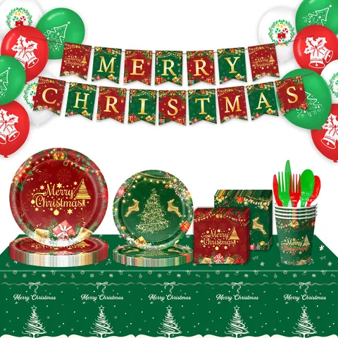 Weihnachtsparty Dekorationszubehör Pappteller Servietten Becher Tischdecke Banner Ballons Für Feiertage Abendessen Event Deko