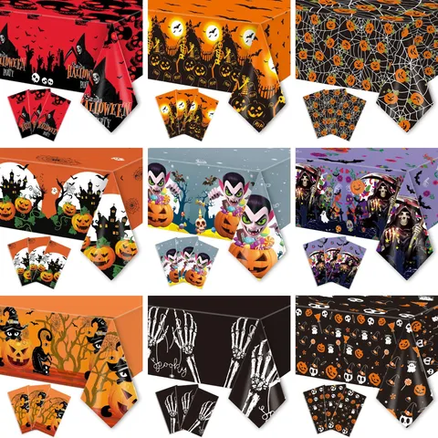 Halloween Disposable Plastic Tablecloth Waterproof Oilproof Pumpkin Skull Printed Rectangle Party Table Cover Spooky Decoration