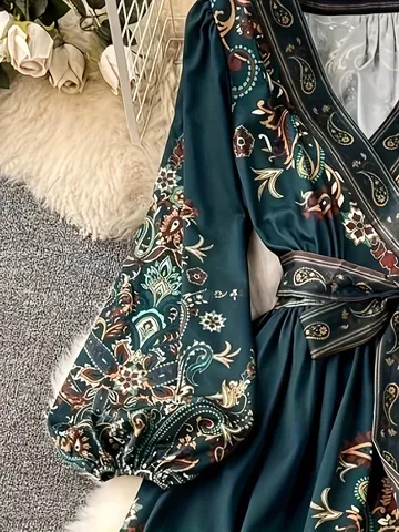 Women's V Neck Ethnic Print Maxi Dress Long Sleeve Boho Waist Tie A-Line Polyester Vintage Casual Party Dress For Women