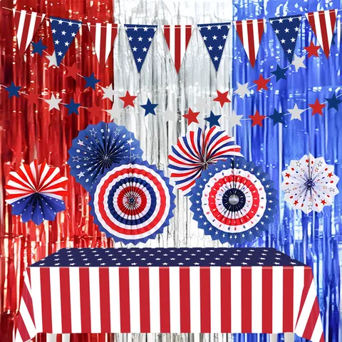Unabhängigkeitstag Party Dekorationen Amerikanische Flagge Rot Weiß Blau Papierfächer Banner Wimpel Fransen Vorhang Tischdecke Wirbel Für Juli Dekoration