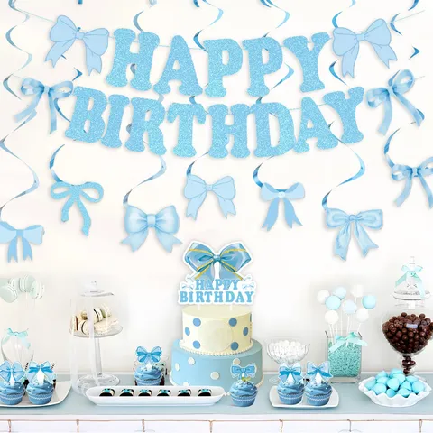 Blue Bow Theme Birthday Party Decoration Set Happy Birthday Banner Spiral Hanging Cake Toppers For Kids Party Celebration