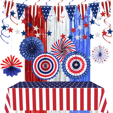 Unabhängigkeitstag Party Dekorationen Amerikanische Flagge Rot Weiß Blau Papierfächer Banner Wimpel Fransen Vorhang Tischdecke Wirbel Für Juli Dekoration