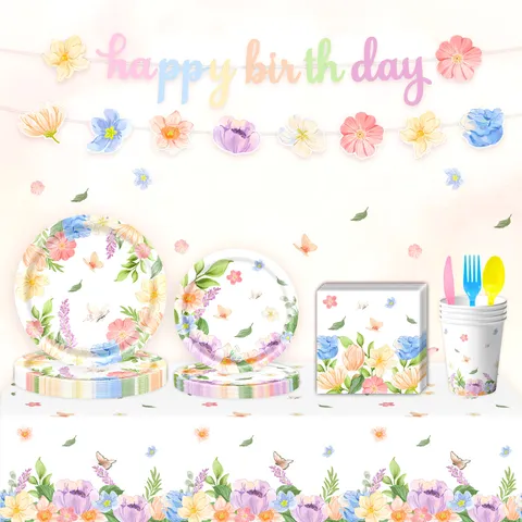 Vlinder Bloemen Verjaardagsfeest Servies Set Aquarell Wildbloemen Wegwerp Papieren Borden Servetten Bekers Tafelkleed Banner Feestversieringen Voor Lente Afternoon Tea