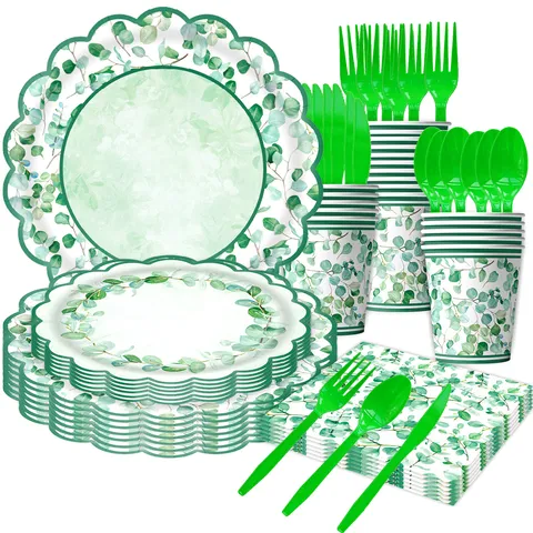 Eucalyptus Sage Green Party Supplies Set Disposable Tableware Paper Plates Napkins Cups Tablecloth Bunting For Birthday Wedding Decorations