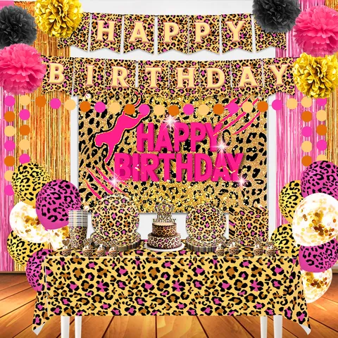 Cheetah Leopardenmuster Geburtstag Party Deko Set Pink Gold Schwarz Happy Birthday Banner Luftballons Kuchendeko Tischdecke Einweggeschirr Für Mädchen Damen Feier Requisiten