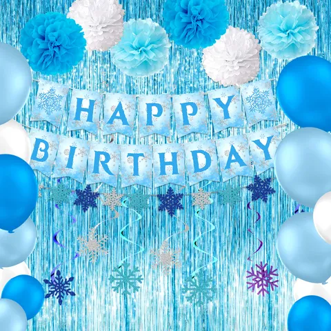 Blue Snowflake Birthday Party Decorations Winter Wonderland Set Happy Birthday Banner Paper Pom Poms Foil Fringe Curtain Hanging Swirls For Christmas Birthday Party Supplies
