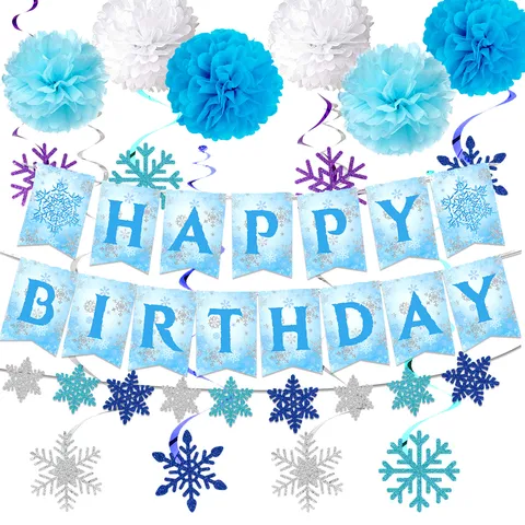 Blue Snowflake Birthday Party Decorations Winter Wonderland Set Happy Birthday Banner Paper Pom Poms Foil Fringe Curtain Hanging Swirls For Christmas Birthday Party Supplies