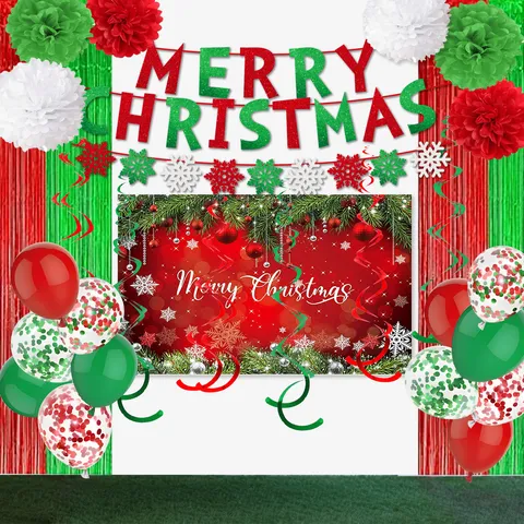 Ensemble de Fournitures de Décoration de Fête de Dessin Animé de Noël Bannière de Lettres Pailletées Rideau de Franges en Lametta Métallique Ballon Toile de Fond Pom Poms en Papier pour la Célébration d'Anniversaire