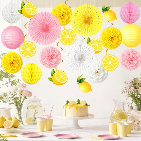 Sommer Zitrone Thema Party Dekoration Set Gelb Rosa Papierfächer Laternen Pom Poms Wabenbälle Hängende Wirbel Geburtstag Dekor