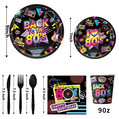 Retro 80er Jahre Thema Party Zubehör Set Pappteller Tassen Servietten Tischdecke Banner Für Vintage Disco Geburtstag Dekoration
